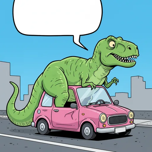 AI meme generator example: A T-rex trying to fit into a tiny car