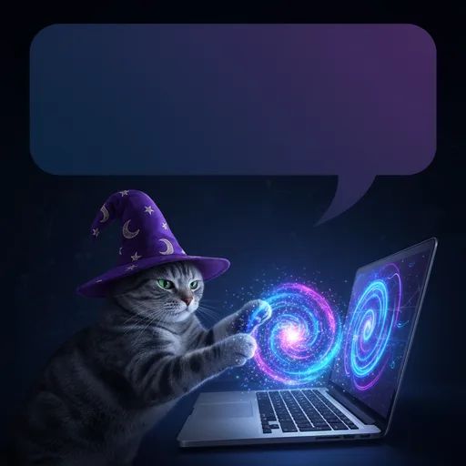 AI meme generator example: A wizard cat casting a spell on a laptop