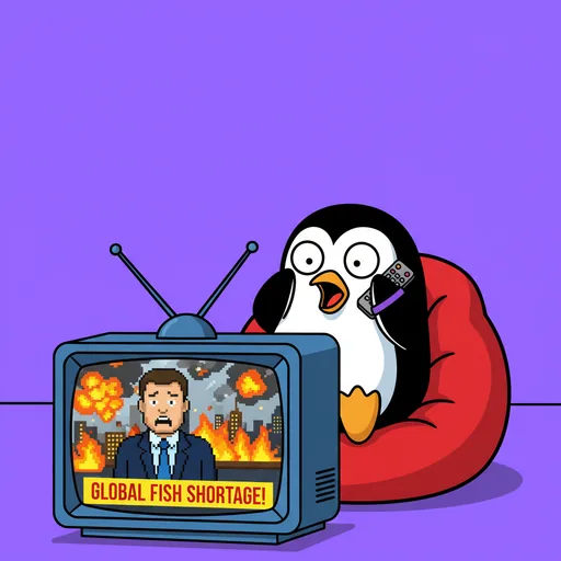 AI meme generator example: A shocked penguin watching the news on TV