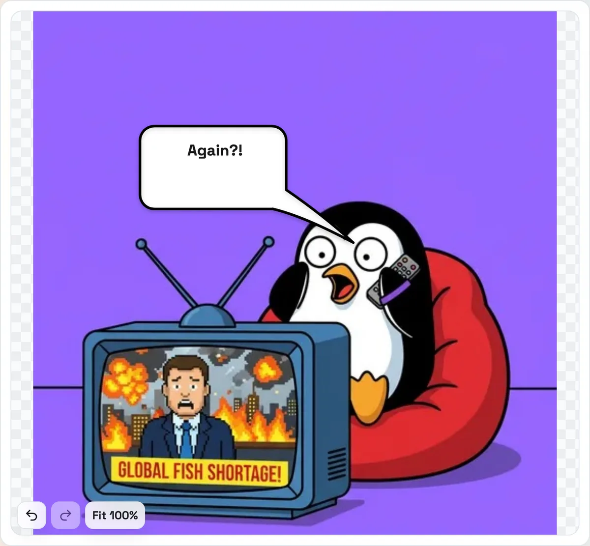 Typing directly into a speech bubble on the canvas, with the tail already aimed at the penguin's beak
