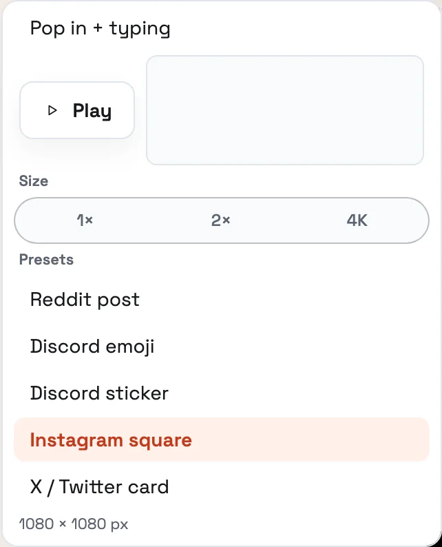AddSpeechBubble export menu showing Play, 1× 2× 4K size buttons, and the preset row for Reddit, Discord emoji, Discord sticker, Instagram square, and X / Twitter card