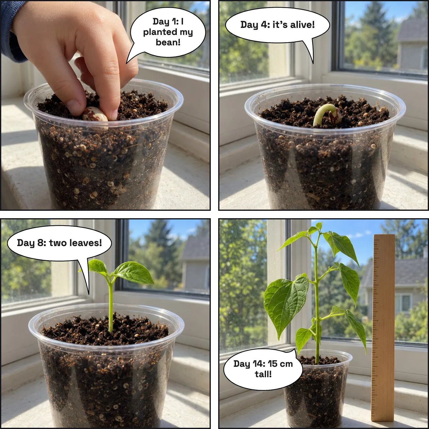 Four-panel comic page of a bean growing in a cup on a windowsill, from day 1 to day 14.