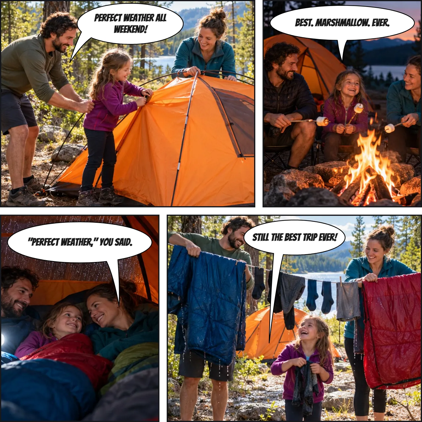 Comic book page of a family camping trip: pitching the tent, marshmallows, rain at night, drying out in the morning.