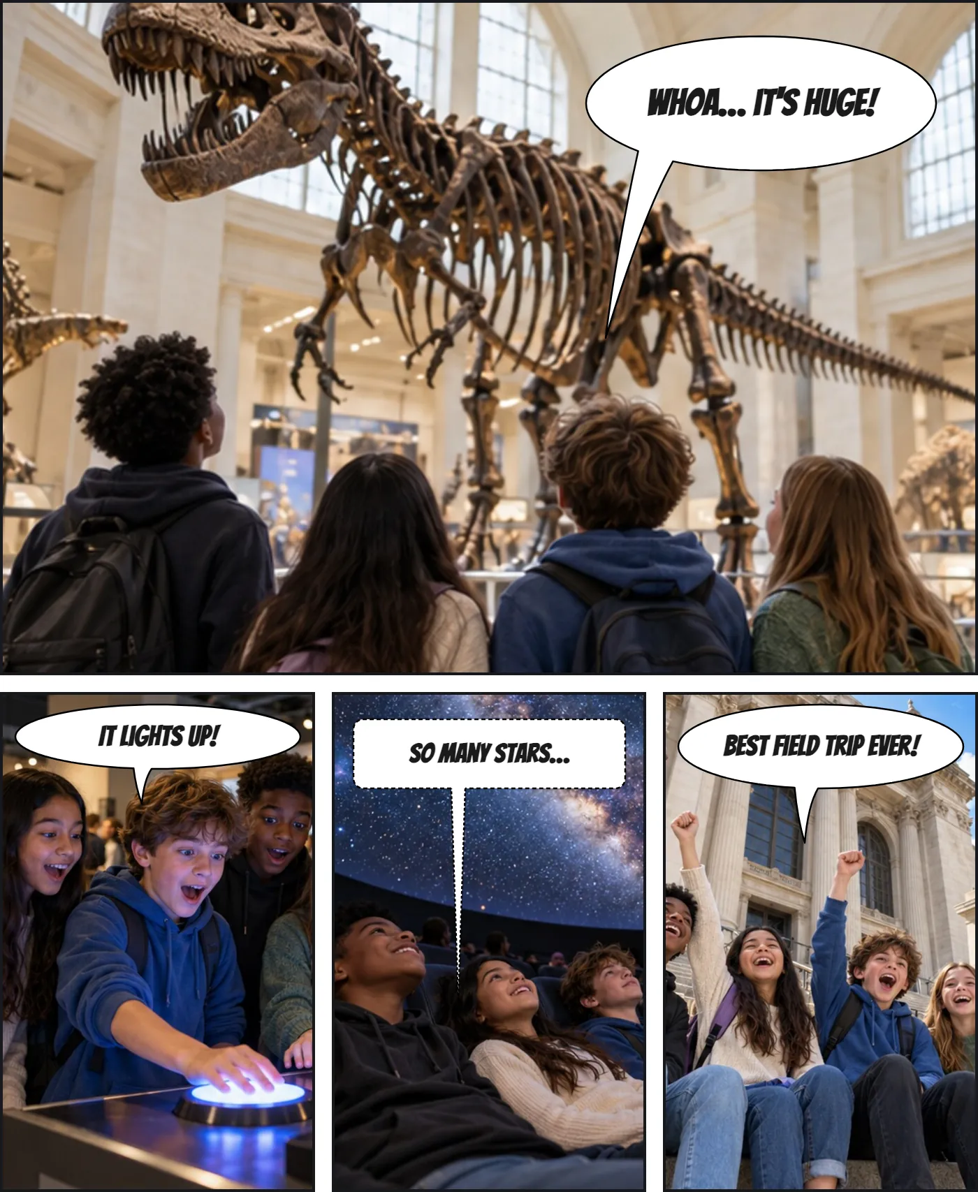 Comic book page from a school museum trip: a large panel of students under a dinosaur skeleton, then three small panels at an exhibit, in the planetarium and on the steps.
