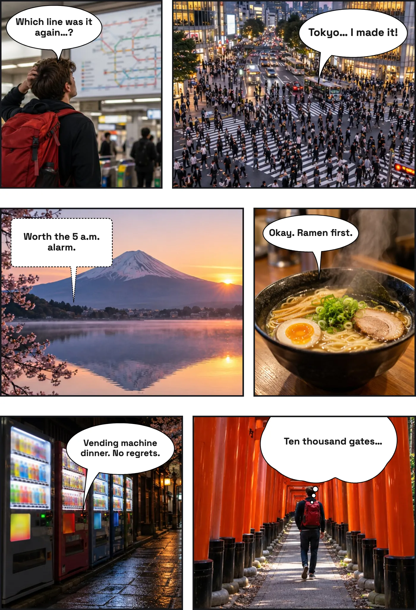 Manga page of a first trip to Tokyo, read right to left: the scramble crossing, a confusing train map, ramen, Mount Fuji, torii gates and vending machines.