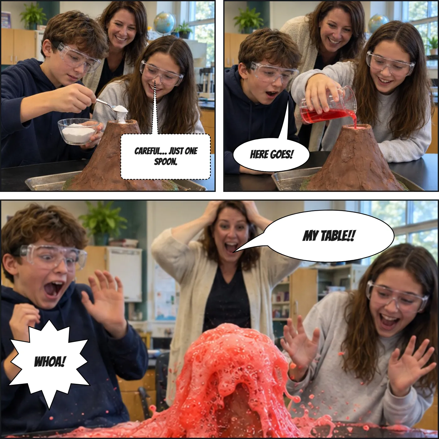 Comic book page of a classroom baking soda volcano: two small panels of students adding the ingredients, then a large panel of the eruption with the teacher shouting "My table!!"
