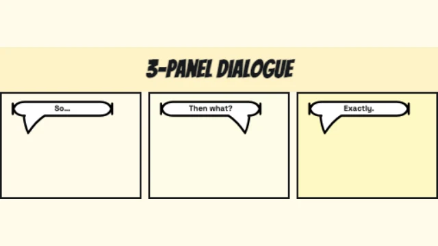3-panel dialogue speech bubble template — Three classic bubbles in a row with a title bar on top.