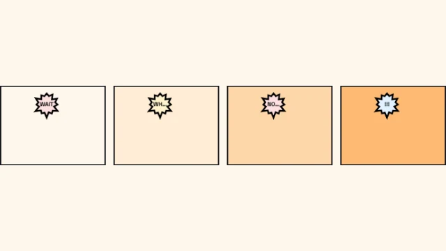 4-panel reaction speech bubble template — Four shout bubbles in a row for a setup and a payoff.